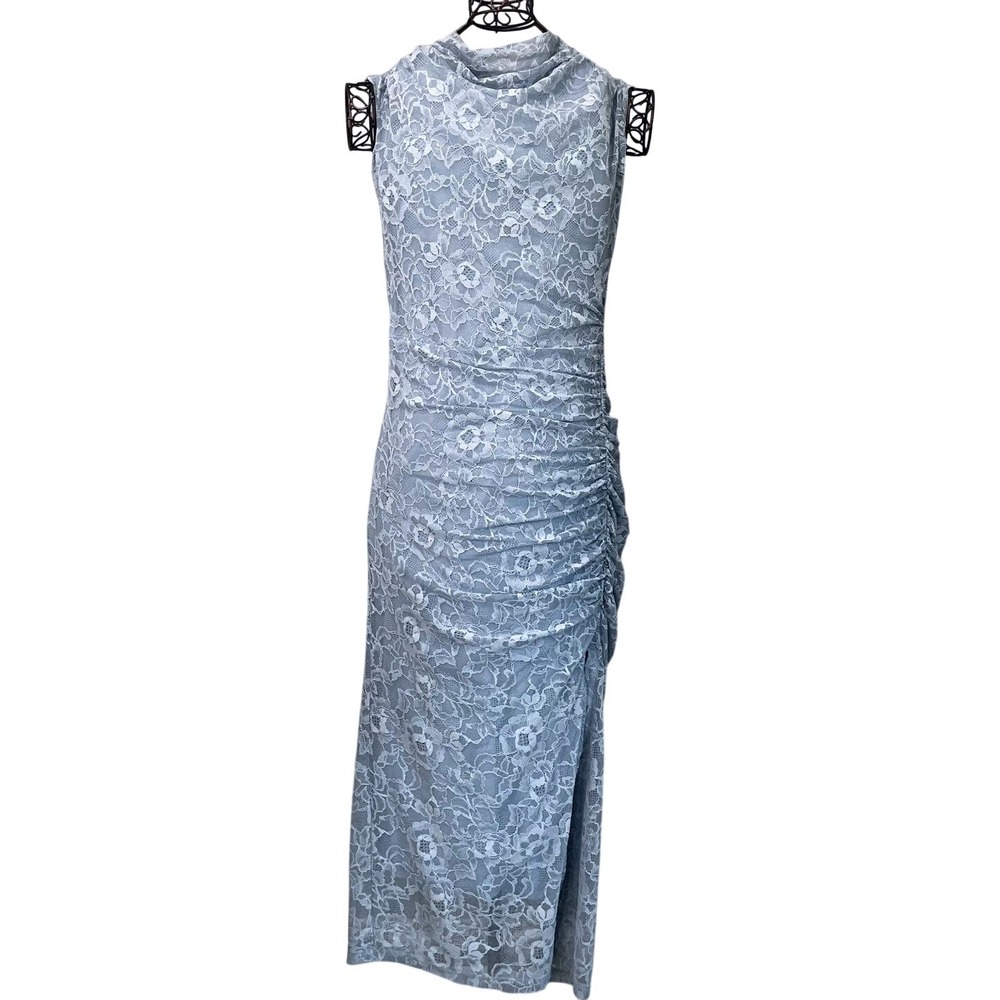 NWT MSRP $160 Anthropologie Maya‎ Ruched Cowl Neck Dress Lace Blue Midi Size M